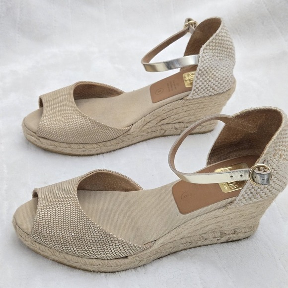 Kanna‎ Espadrille Wedge Sandals Peep Toe Ankle Strap Gold Size 38 - Picture 1 of 10